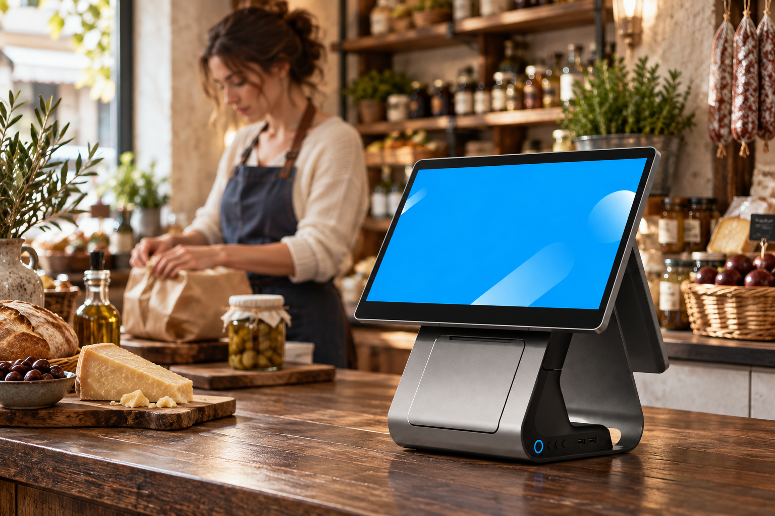 Une caisse C20 Pro sur le comptoir en bois d'une épicerie fine