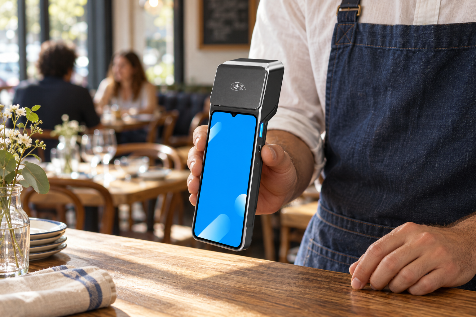 La main d'un serveur tenant un M20 au comptoir d'un bistrot